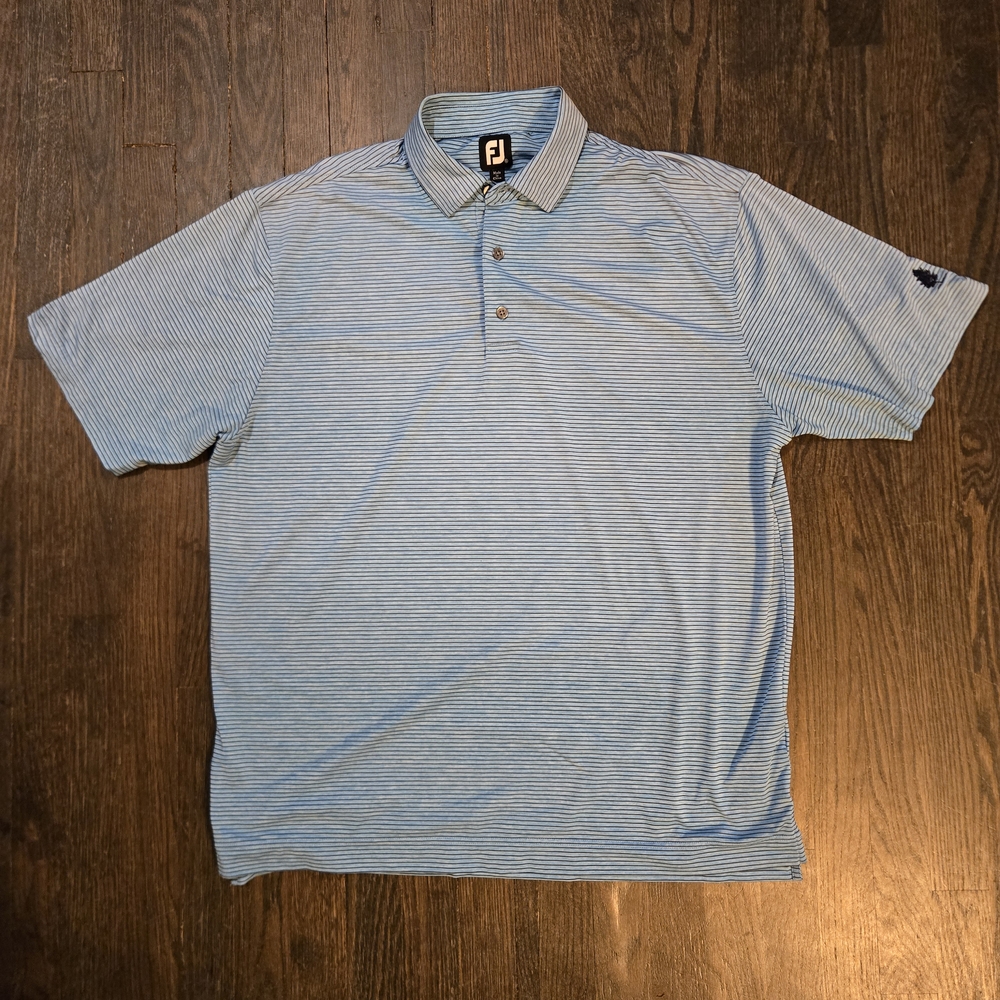 FootJoy Ice Blue Men's Blue Striped Polo Golf Shirt With Black Fir Tree Logo